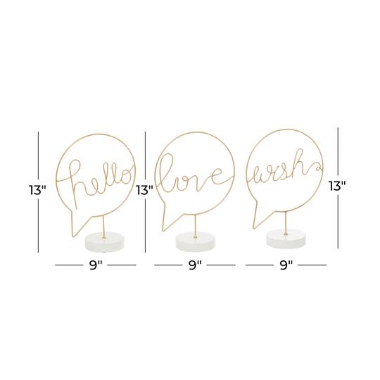 13" Gold Hello, Love & Wish Tabletop Sign Set